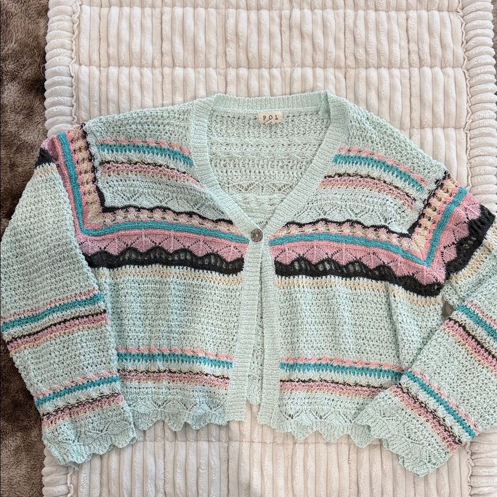 POL Women's Mint and Pink Knit Cardigan